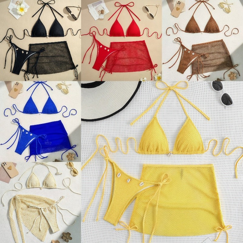 💛ชุดบิกินี่ 3 ชิ้น🤍ชุดเที่ยวทะเล sexy ผูกคอ ตกแต่งด้วยเปลือกหอย มีฟองน้ำ ไปเที่ยวทะเล พร้อมส่งในไทย