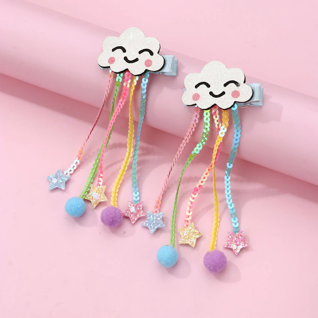 Kids Hair Pins Clouds Smiley Sequins Tassels Ribbon เครื่องประดับผมกันลื่น