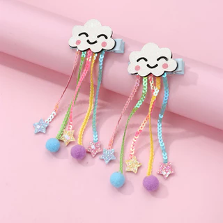 Kids Hair Pins Clouds Smiley Sequins Tassels Ribbon เครื่องประดับผมกันลื่น