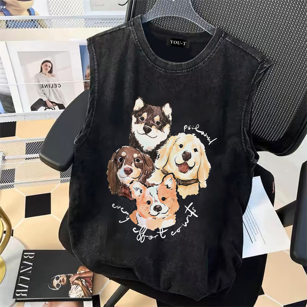 UT shop เสื้อกล้าม แขนกุด oversize วินเทจ ผ้าฝ้าย100% เสื้อแขนกุด"DOG"เสื้อสีฟอก เสื้อผ้าผช เหมาะกับใส่ออกกําลังกาย3XL
