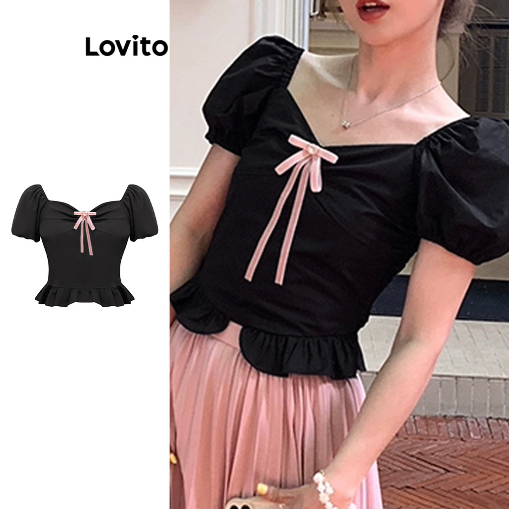 Lovito น่ารักเสื้อธรรมดาโบว์นัวเนียชายเสื้อสําหรับผู้หญิง LBA79116