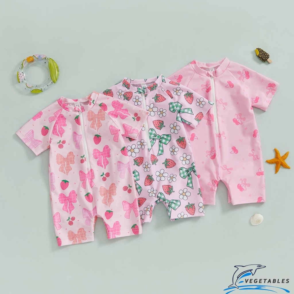 ZHY-Toddler Girl Rash Guard ชุดว่ายน้ํา Cherry/Bow Print Zipper Short Sleeve Zip Up ชุดว่ายน้ํา