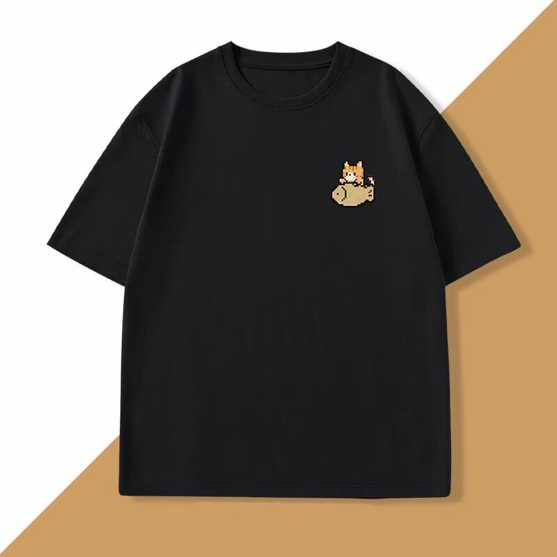 เกาหลีพร้อมสต็อกสบายพิมพ์ผ้าฝ้ายครึ่งแขนหลวมสบายๆด้านบนเส้นใยโพลีเอสเตอร์รอบคอเสื้อยืดพื้นฐานคู่สวมใส่
