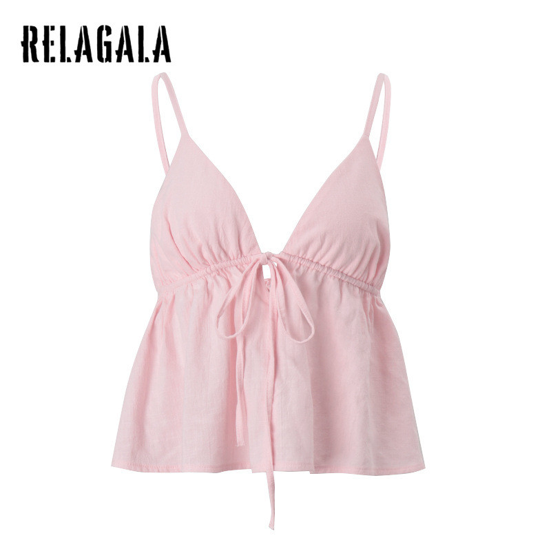 RELAGALA เสื้อกล้ามสำหรับผู้หญิง 2025 ฤดูร้อน สีทึบ V-neck backless slim fit casual all match