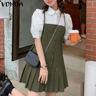 VONDA ผู้หญิงสาวเกาหลีหวานเท็จสองชิ้นปกพัฟแขนจีบชุด