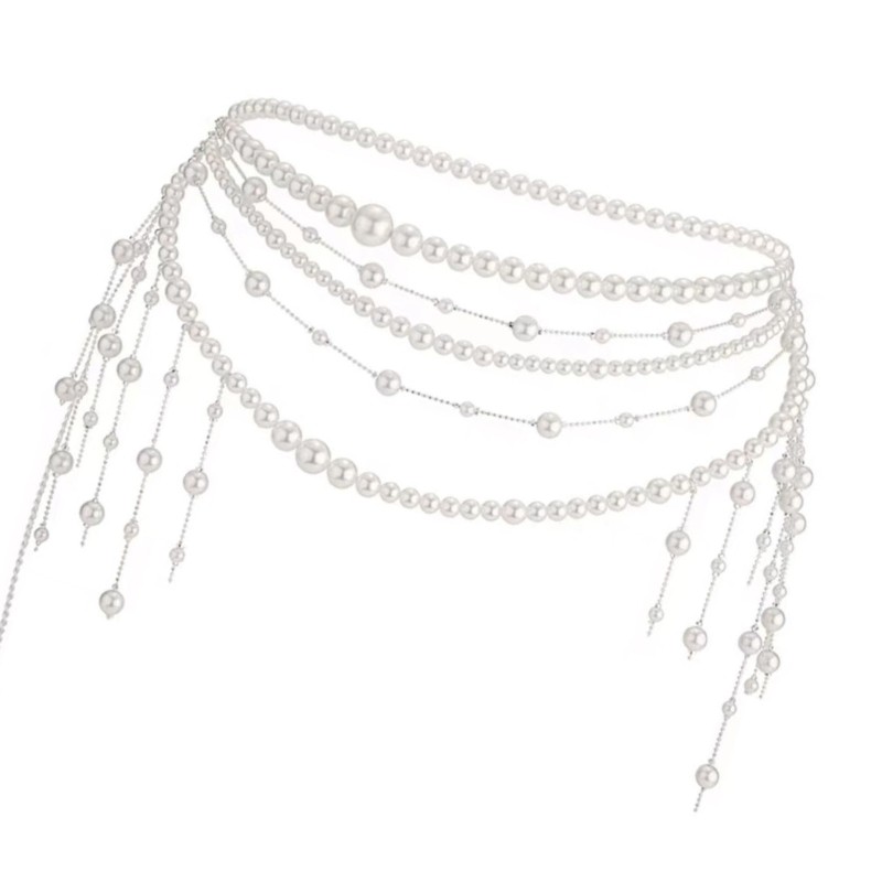 Wellb Multilayer Pearls Fringe เอวโซ่เอวเครื่องประดับสําหรับผู้หญิง Lady 90s Retro Party Body เครื่อ