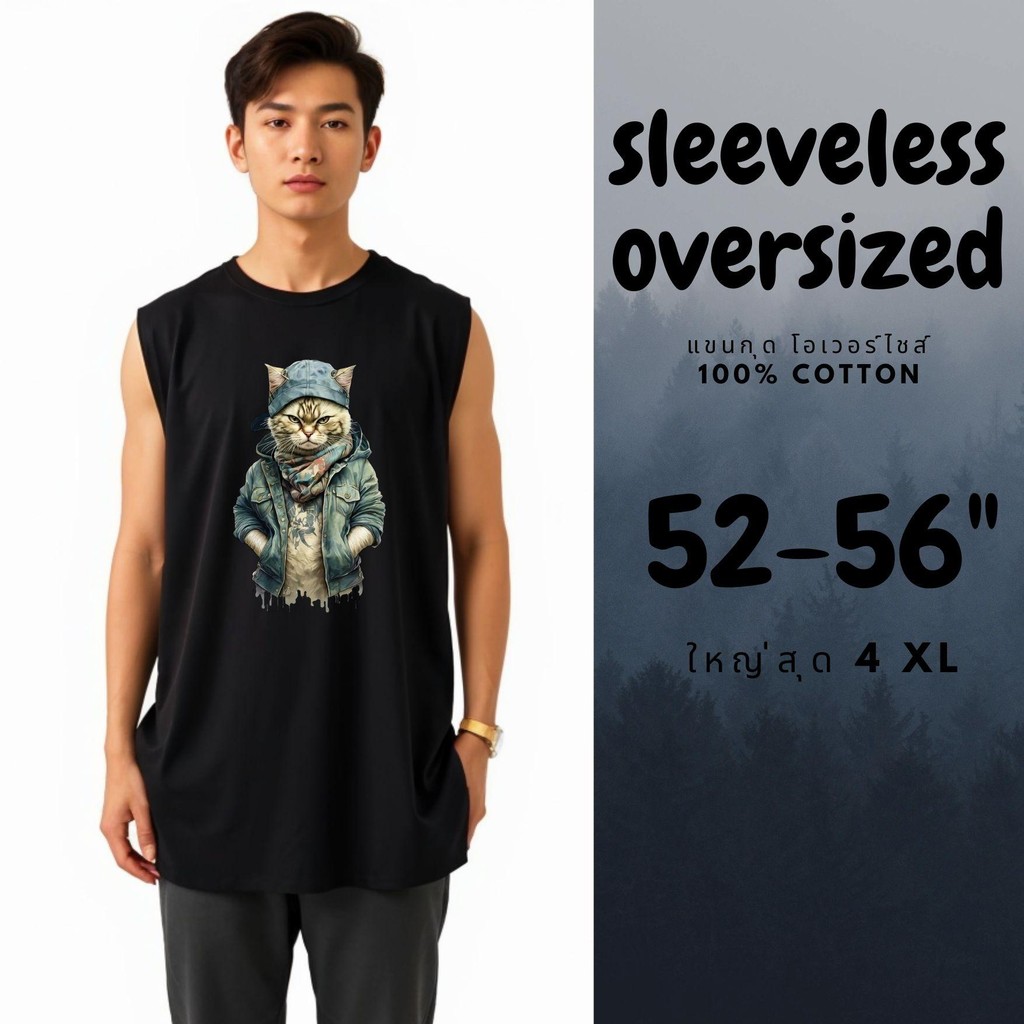 Noppapot แขนกุด Oversized สกรีนลาย แมวมาเฟีย VT11