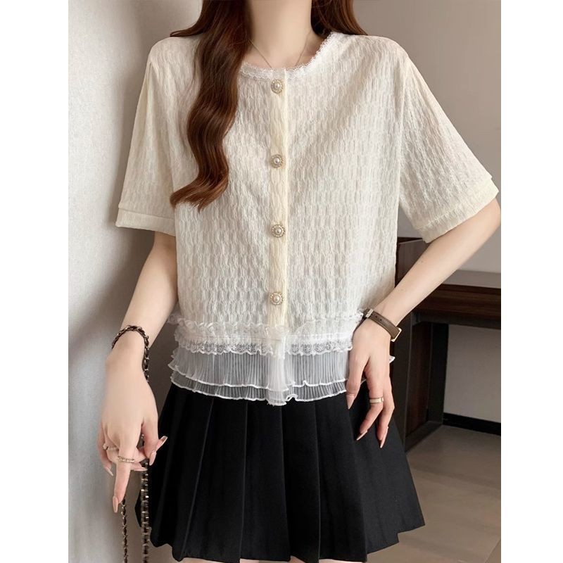 ส่งไวจากไทย⭐Summer⭐S-5XL ลูกไม้ลูกไม้แขนสั้นเสื้อผู้หญิงฤดูร้อนบวกขนาดเสื้อยืดแขนสั้นด้านบน