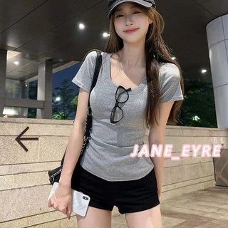 เสื้อยืดคอกลมแขนสั้นผู้หญิงเข้ารูปสีพื้นเรียบง่าย JN
