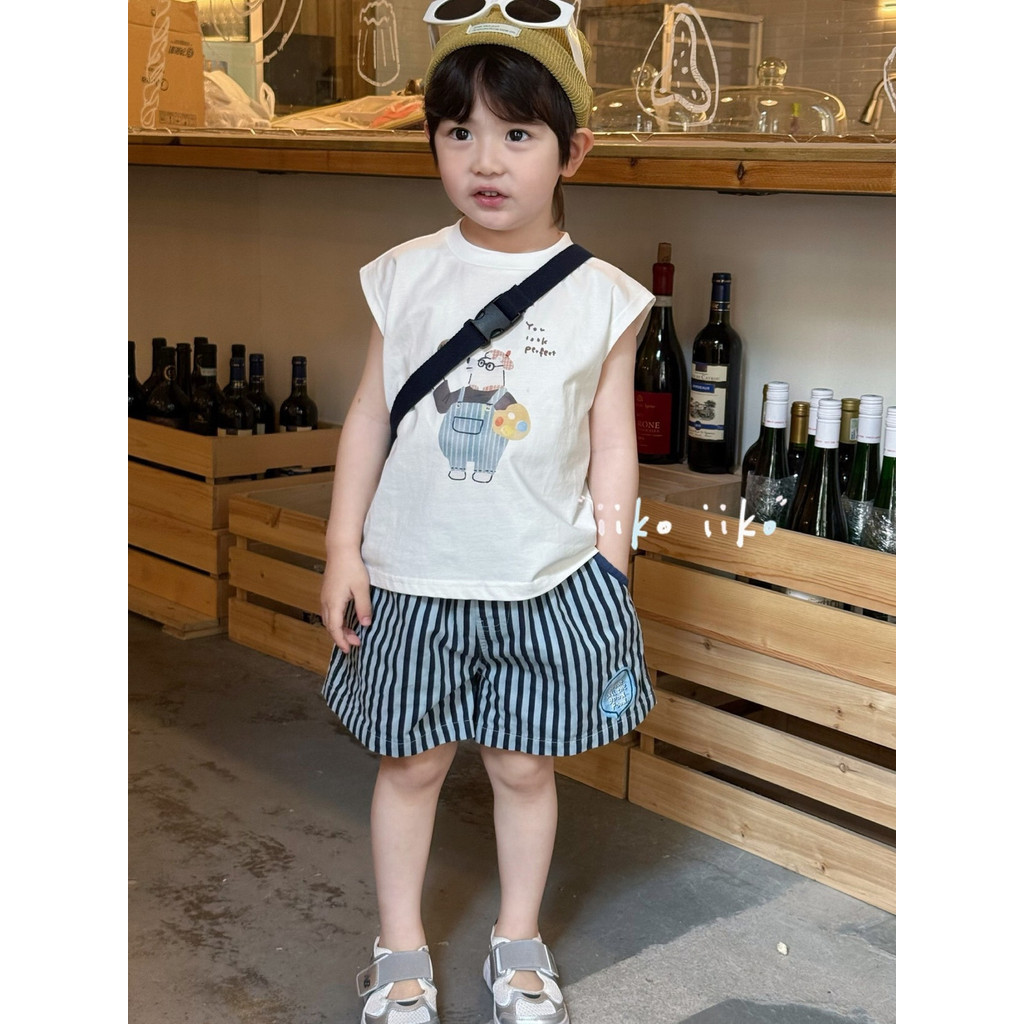เด็กฤดูร้อนรูปแบบใหม่ตัดไหล่เสื้อกั๊กผ้าฝ้ายแท้แขนกุดหลวมเสื้อยืดชายเกาหลีรุ่นการ์ตูนพิมพ์ทุกการแข่งขันด้านบน