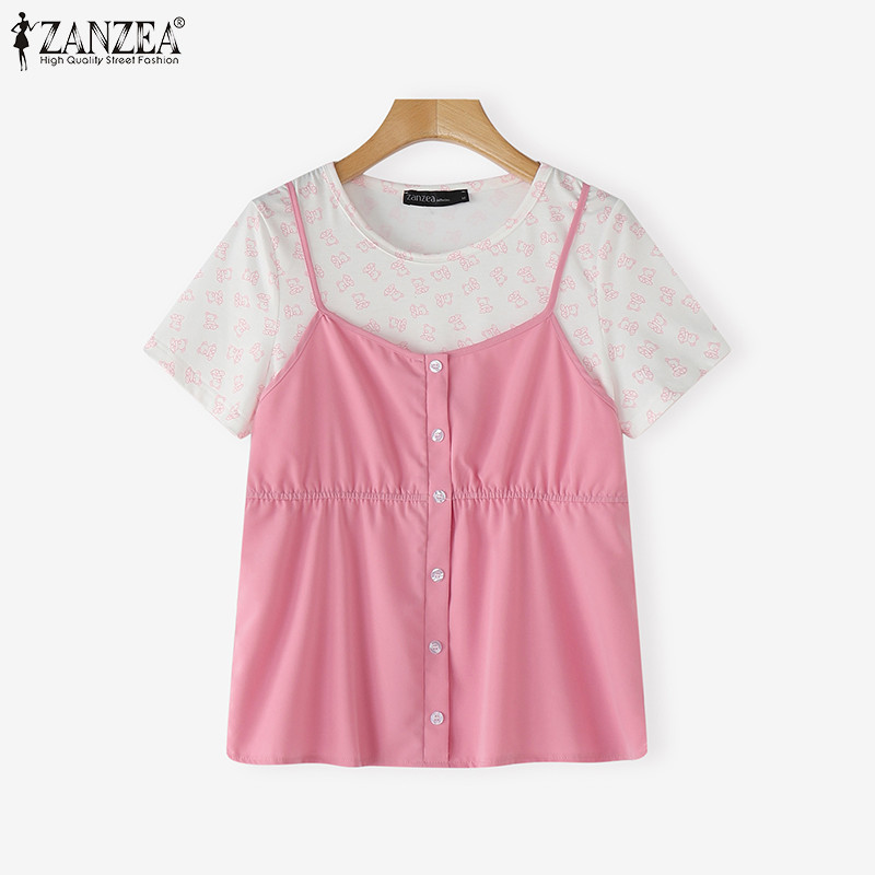 ZANZEA ซานเซีย ผู้หญิงเกาหลีลําลองคอลูกเรือแขนสั้นหมีพิมพ์ถักเย็บเอวยางยืดเสื้อยืดหลวม
