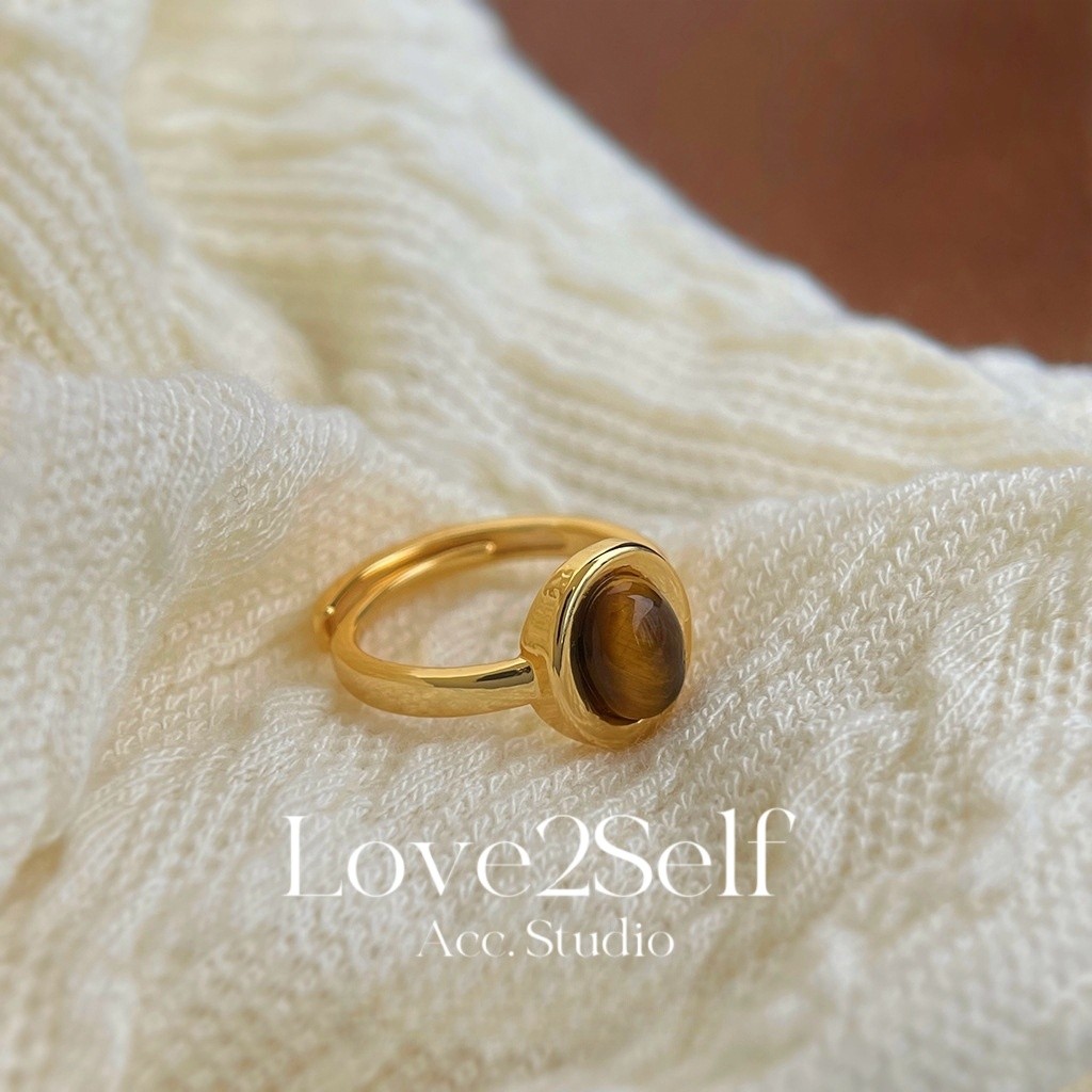 Love2selfJ002 แฟชั่น Tiger Eye Stone แหวนผู้หญิง Vintage 18k Gold Plated ปรับแหวน Index Finger Daily