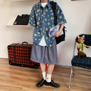MNO.9 Shirt C166 เสื้อเชิ้ตยีนส์ แขนสั้น ลายดอกทานตะวัน เสื้อเชิ้ตลำลองชาย Man Clothing