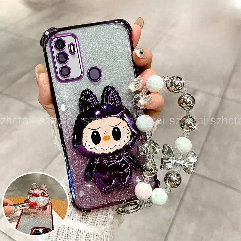 ปลอกสําหรับ OPPO A53 2020 A33 2020 การ์ตูน Labubu Clear Jelly เคสกันกระแทก Glitter หรูหราพร้อมฝาครอบเลนส์กล้อง make-up กระจกที่วางโทรศัพท์ขาตั้งสร้อยข้อมือฝาครอบโทรศัพท์