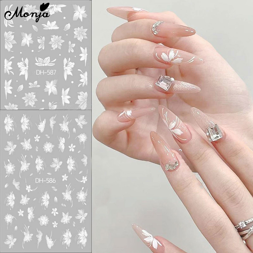 Monja 3D สติกเกอร์เล็บดอกไม้สีขาวเล็บเคล็ดลับ Decals ดอกไม้เรียบง่ายกลีบ Slider DIY เล็บออกแบบตกแต่ง
