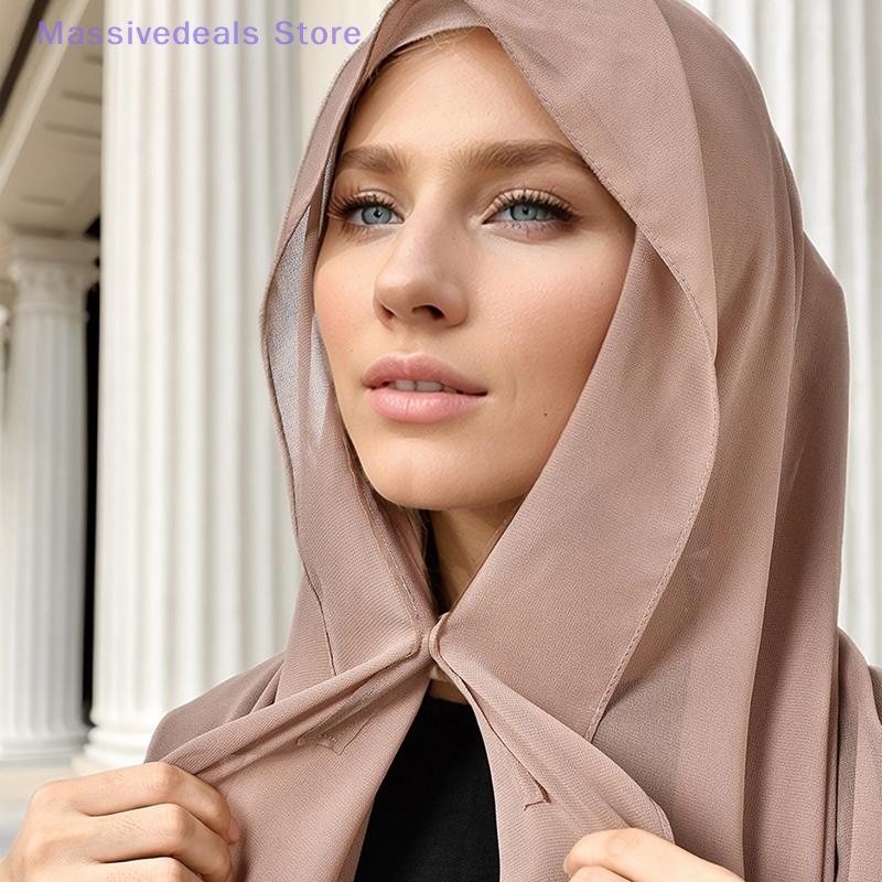 Massivedeals ใหม่ล่าสุดชีฟอง Hijab พร้อมหัวเข็มขัดแม่เหล็กสีทึบผู้หญิงมุสลิมฮิญาบผ้าพันคออิสลาม Turban แฟชั่นผ้าคลุมไหล่ใหม่ - รูปที่ 2