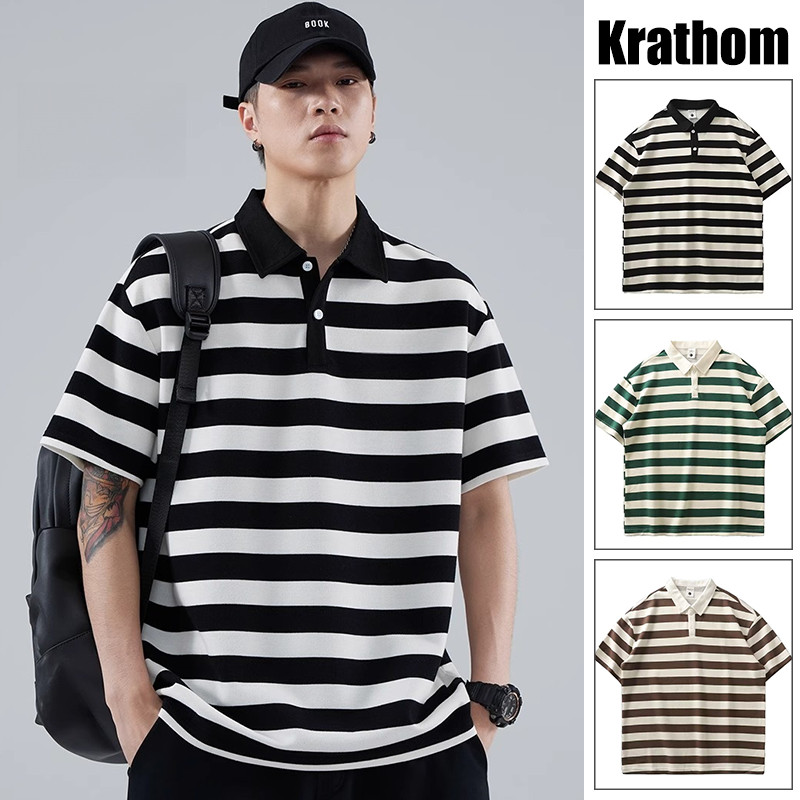 เสื้อโปโลทรงหลวมลายทางสไตล์เกาหลีสําหรับผู้ชาย - เสื้อลําลองแขนสั้นระบายอากาศ