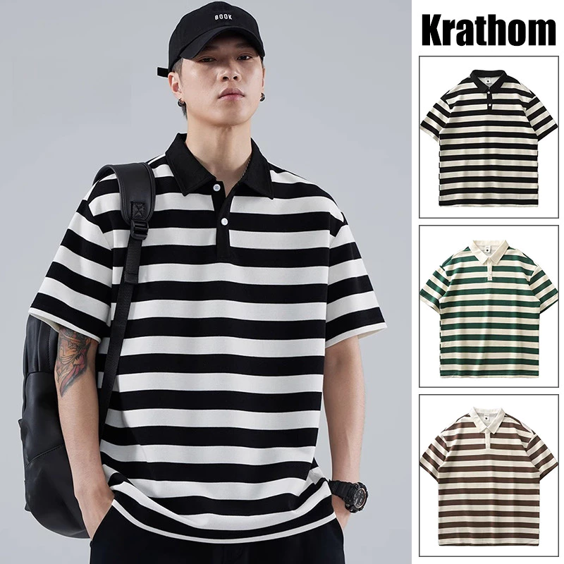 เสื้อโปโลทรงหลวมลายทางสไตล์เกาหลีสําหรับผู้ชาย - เสื้อลําลองแขนสั้นระบายอากาศ