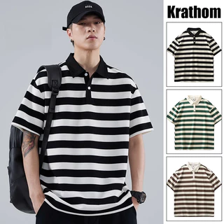 เสื้อโปโลทรงหลวมลายทางสไตล์เกาหลีสําหรับผู้ชาย - เสื้อลําลองแขนสั้นระบายอากาศ