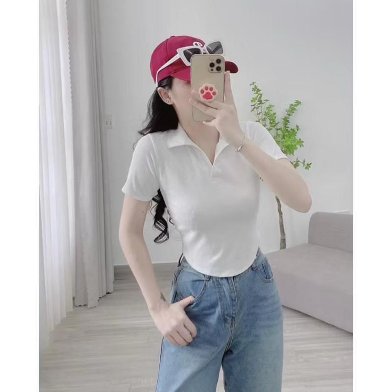 A88 เสื้อยืดผู้หญิงแขนสั้นโครเชต์ Turn-down Collar เสื้อโปโลหลากสี ไซส์ต่ํากว่า 53kg รหัส a88