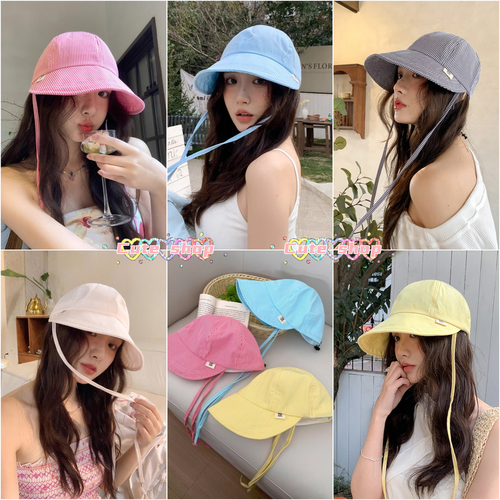 cute shop 💕 หมวก  สไตล์เกาหลี  แฟชั่น    ลายทาง  หมวกบักเก็ต    ดีไซน์สายผูก เท่ในหน้าร้อน  พร้อมส่ง
