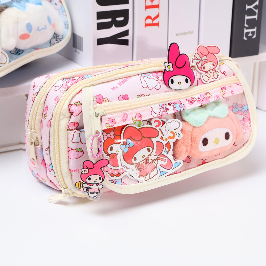SANRIO ซานริโอ มายเมโลดี้กรณีดินสอทนทานสําหรับเด็กผู้หญิง-ซัพพลายโรงเรียนสีชมพูโปร่งใสขนาดใหญ่พร้อมการจัดเก็บหลายชั้นออกแบบพิมพ์การ์ตูนน่ารักกลับไปเ