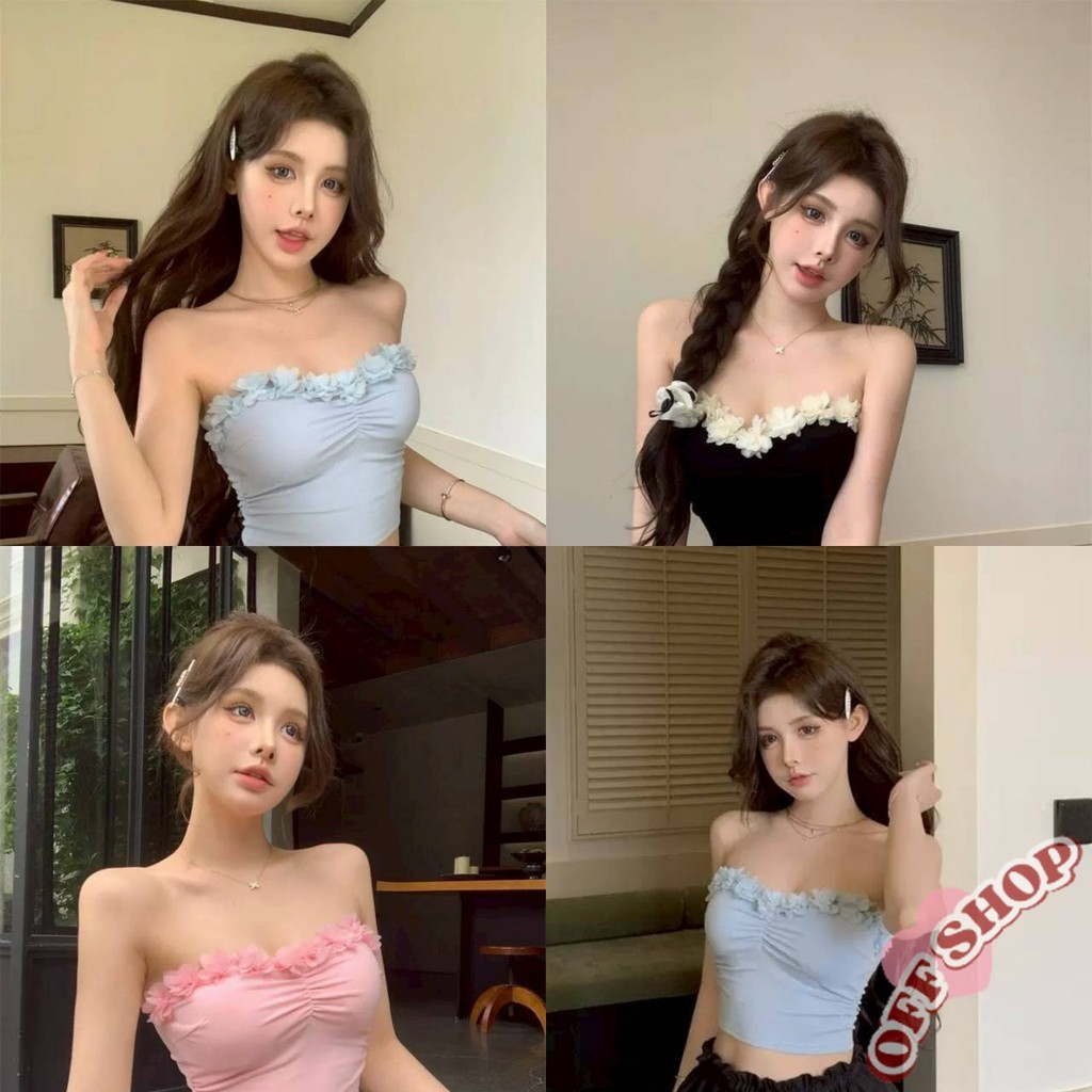 OFF SHOP 🥻ใหม่ 2025 เสื้อเกาะอก มีฟองน้ำในตัว แต่งขอบดอกไม้ ' FY3055