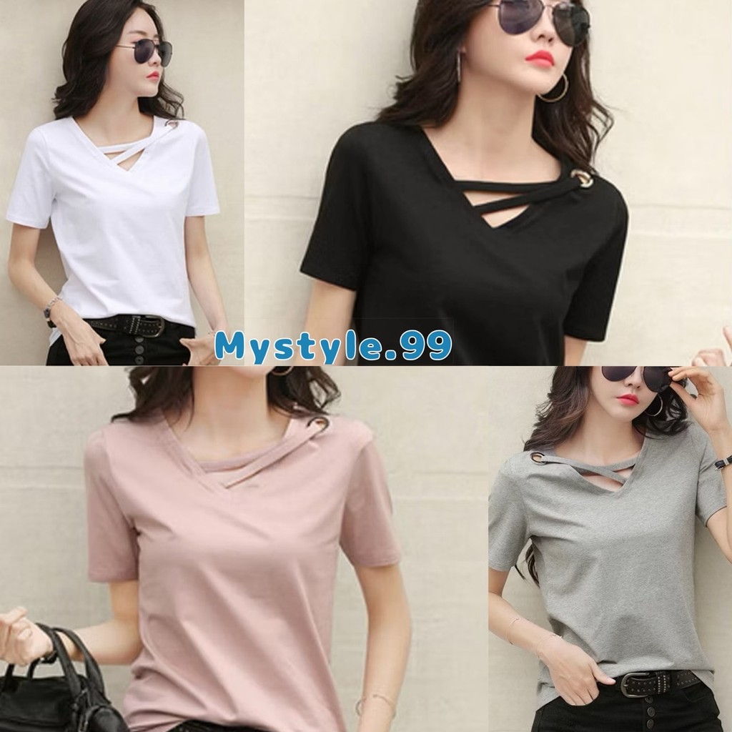 📣Mystyle.99📣เสื้อยืดคอวี ผ้านุ่ม มีไขว้ที่คอแต่งเก๋ๆ สไตล์เกาหลี #E01