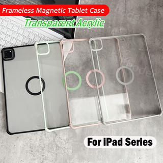 เคสแท็บเล็ตไร้กรอบสําหรับIPad 11 A16 2025 ปลอกแม่เหล็กสําหรับIPad Pro M4 Air 6 5 4 M2 M3 กันกระแทกปกหลังสําหรับIPad 7 8 9 10th Gen Pro 12.9 Mini7 6 อะคริลิคโปร่งใสกรณี