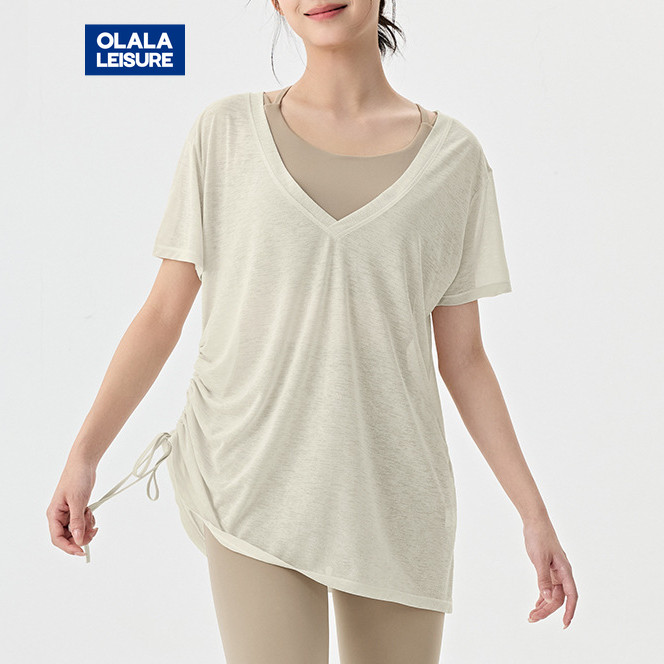 OLaLa Leisure Casual Yoga Sports T-shirt Short Sleeves Side Drawstring Multiple Ways Wear Breathable