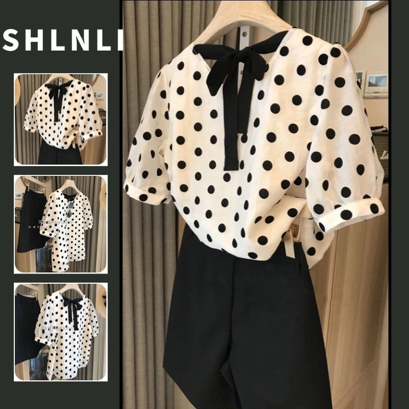 เสื้อเชิ้ตพิมพ์ลายลายจุดทรงหลวมสําหรับผู้หญิงฤดูร้อนผูกโบว์ฝรั่งเศสเสื้อเบลาส์คอวี