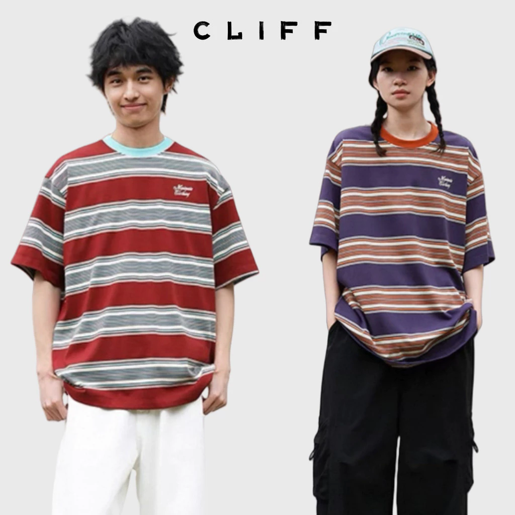 CLIFF เสื้อยืดแขนสั้น การออกแบบลายทาง สีต่อ แบบหลวมลำลอง ฤดูร้อนรุ่นใหม่
