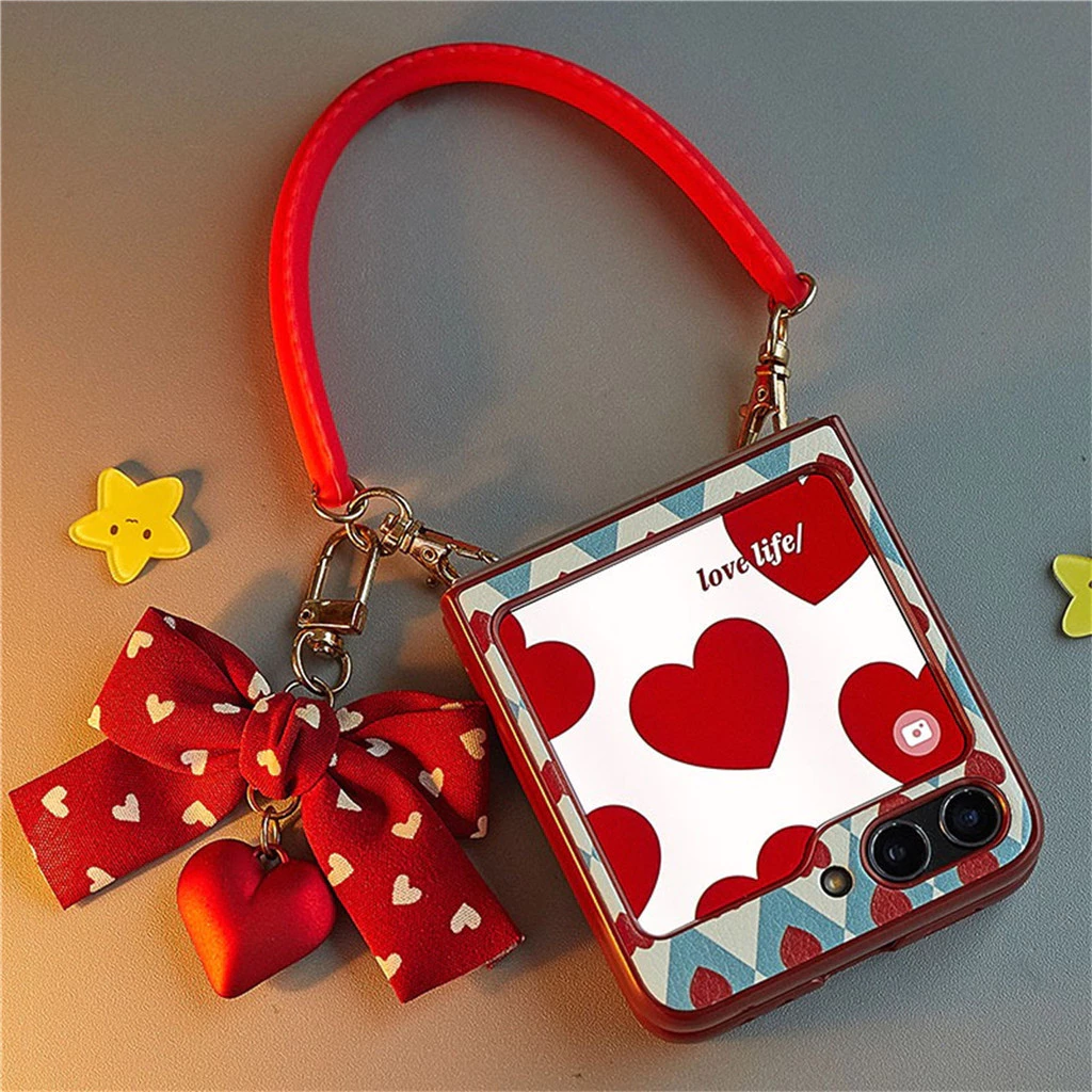 เกาหลีน่ารัก Love Heart Bow จี้เคสโทรศัพท์พร้อมสร้อยข้อมือสําหรับ Samsung Galaxy Z Flip 5 6 Z Flip5 Flip6 Flip 4 กลับ Covermanha