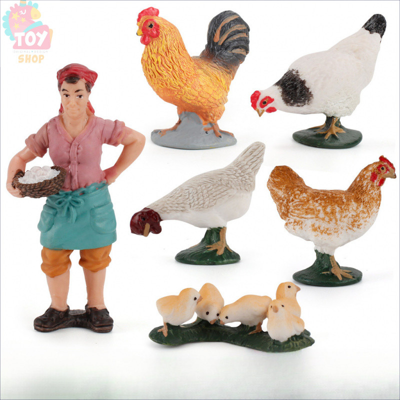 ของเล่นเด็กจำลองสัตว์ในฟาร์ม โมเดลไก่และไก่ตัวเมีย ชุดตกแต่ง