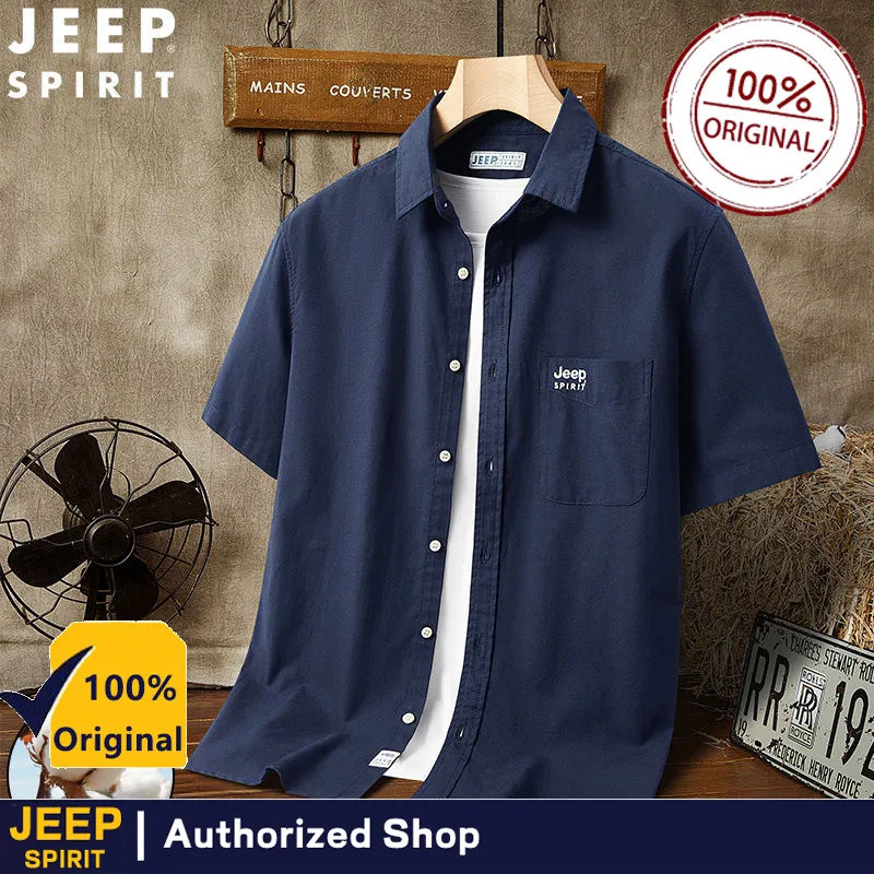 JEEP SPIRIT เสื้อเชิ้ตผ้าฝ้ายทรงหลวมสำหรับผู้ชายแขนสั้น