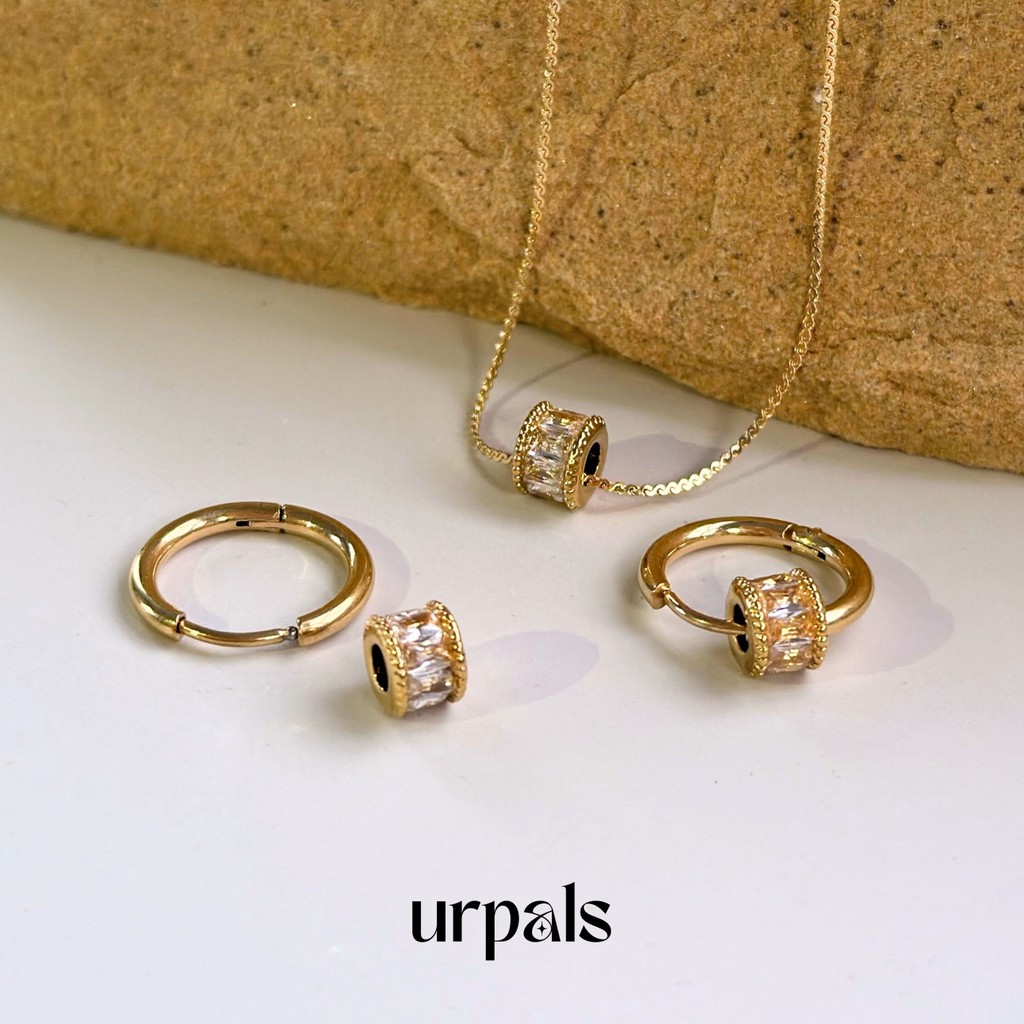 URPALS ต่างหูห่วง - สร้อยคอ Stainless ชุบทอง18K ฝังเพชร CZ  คุณภาพสูง ใส่อาบน้ำ ออกกำลังกายได้