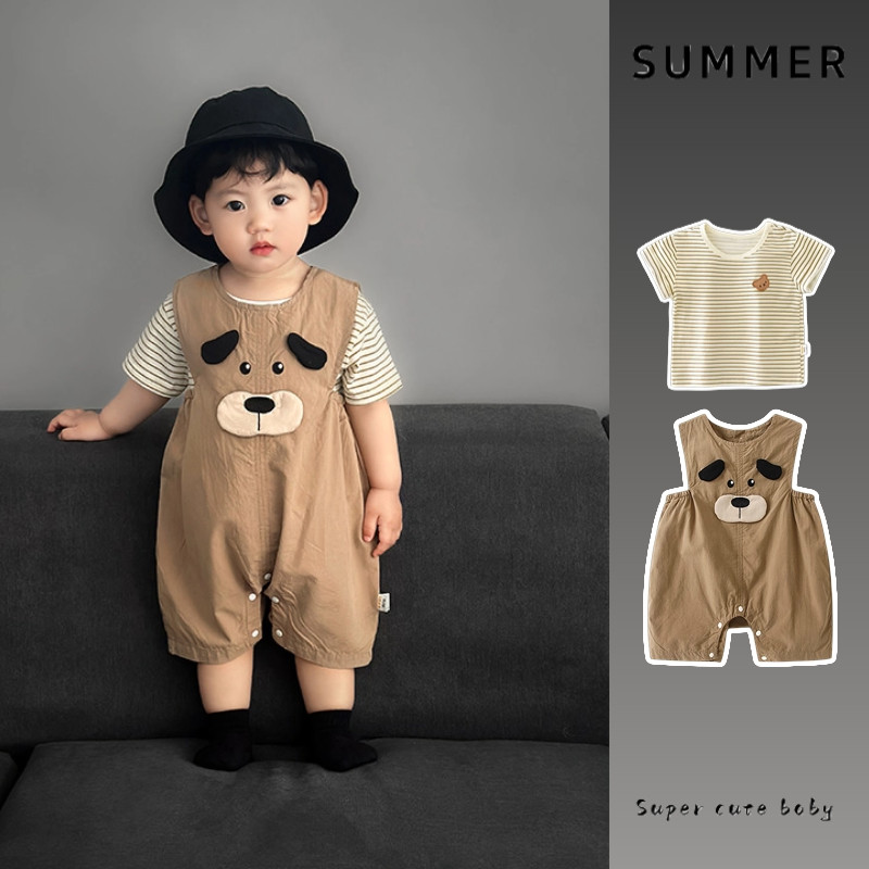 ฤดูร้อนใหม่เสื้อผ้าเด็กชุดบอดี้สูทแขนสั้นชุด 2 ชิ้น 4-36 เดือนระบายอากาศการ์ตูนลูกสุนัข ชุดรอมเปอร์ สไตล์เกาหลี