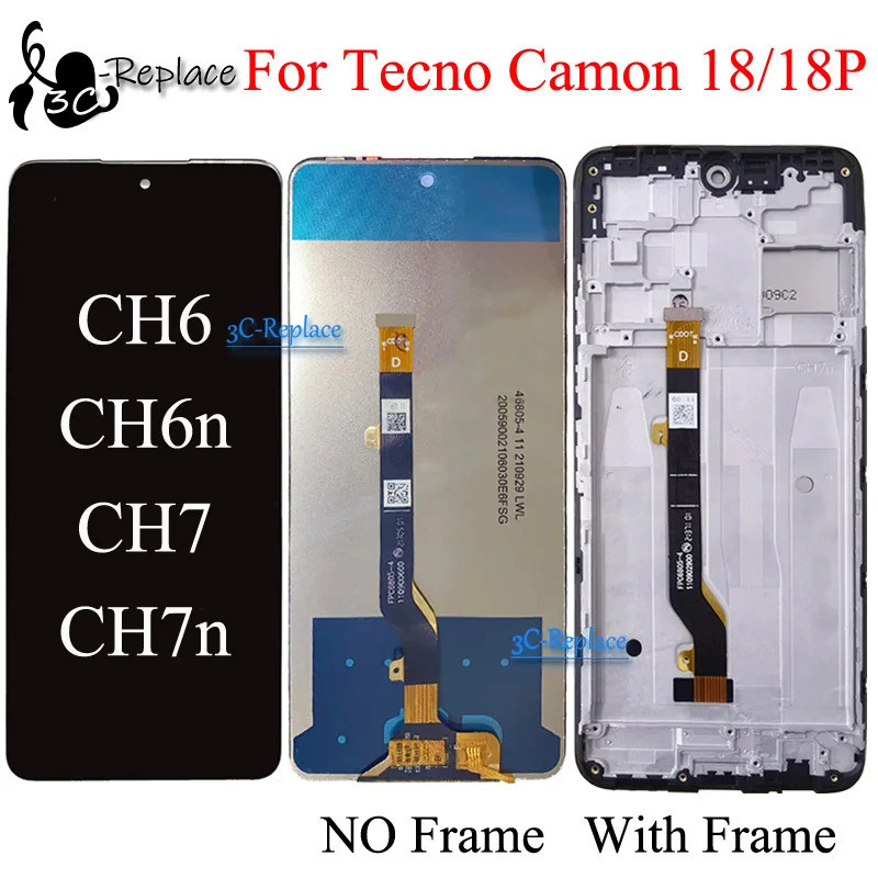 สีดํา 6.8 นิ้วสําหรับ Tecno Camon 18 CH6 CH6n / Camon 18 P CH7 CH7n จอแสดงผล LCD Touch Screen Digiti