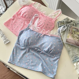 【คละสี 4 ชิ้น!!!】#393 เสื้อสายเดี่ยว ขอบลูกไม้ ลายดอก มีฟองน้ำในตัว