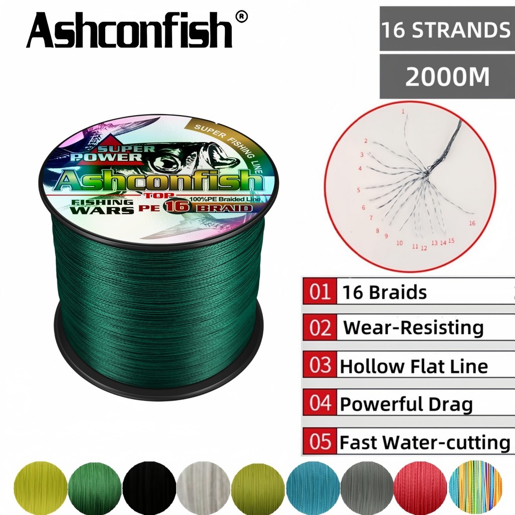 Ashconfish 2000M 16 Strands Hollow สายตกปลาถัก PE สายหลัก Multifilament 20LB-500LB