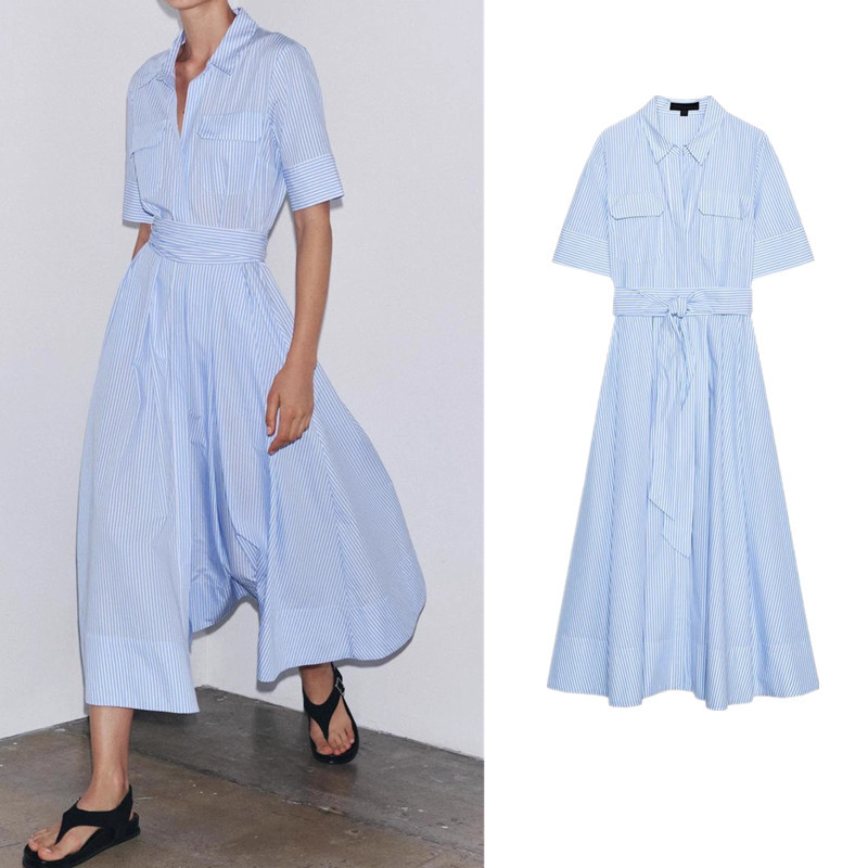 ZARA Lapel Short Sleeves Bowknot Decorative House Silk Shirt Dress 2640596