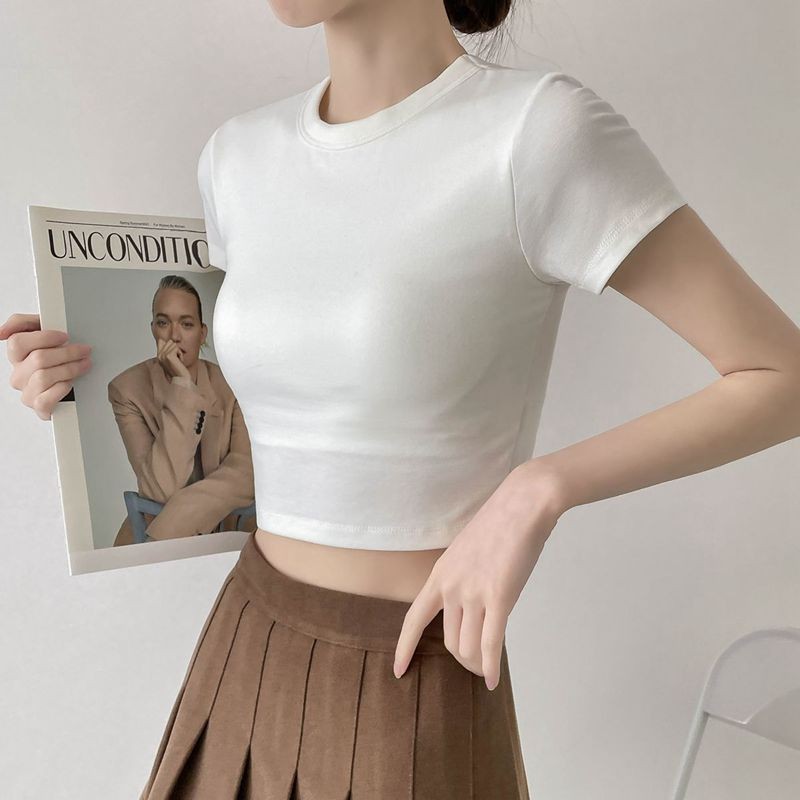 แขนสั้นยางยืด เสื้อยืดผู้หญิง คอกลมแขนสั้น สีทึบ แฟชั่น เรียบหรู มิเนมอล ใส่สบาย แมตช์ง่าย เสื้อยืดผู้หญิง ทรงสั้นพิเศษ - รูปที่ 7