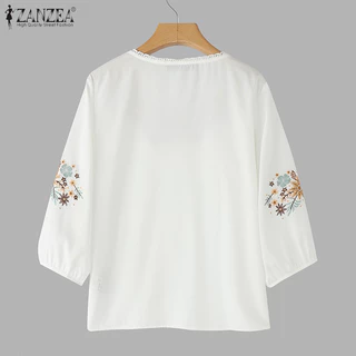 ZANZEA ซานเซีย เสื้อลายดอกไม้สำหรับผู้หญิงสไตล์เกาหลีวินเทจคอกลมแขนยาว 3/4