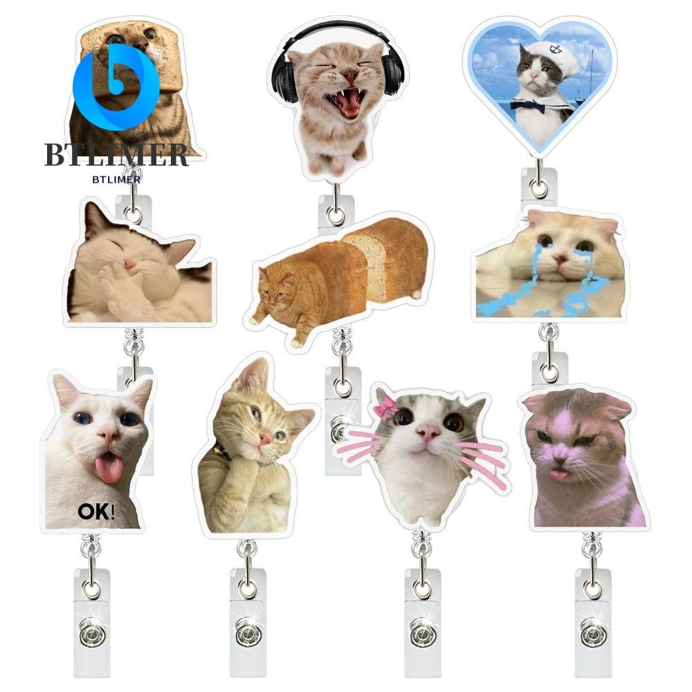 BTLIMER Memes Badge Reels, Retractable Cat Memes Series พวงกุญแจแมว, อะคริลิคเชือกเส้นเล็กกระเป๋าจี้