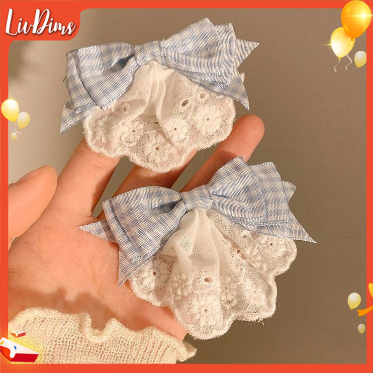 Liv Dims🌸คลิปผมโบว์ลูกไม้สีน้ำเงินสำหรับเด็ก, ผมหน้าม้าของเด็กผู้หญิง, ที่คาดผมแบบหวาน