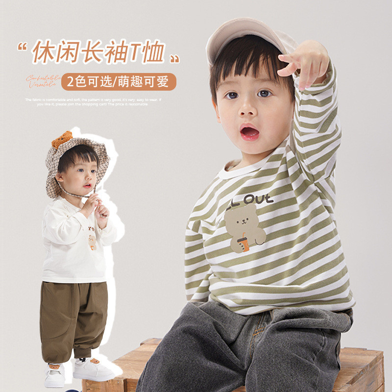 ที-เชิ้ตแขนยาวสไตล์เกาหลีสำหรับเด็ก - เสื้อเบสเลเยอร์ลายทางสำหรับฤดูใบไม้ผลิและฤดูใบไม้ร่วง สำหรับเด็กชายและเด็กหญิง