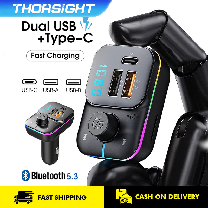 รถบลูทูธเครื่องส่งสัญญาณ Type C Dual USB ที่ชาร์จในรถยนต์ เครื่องเล่น Mp3 แฮนด์ฟรี รองรับการ์ด TF 5.0 QC3.0 PD