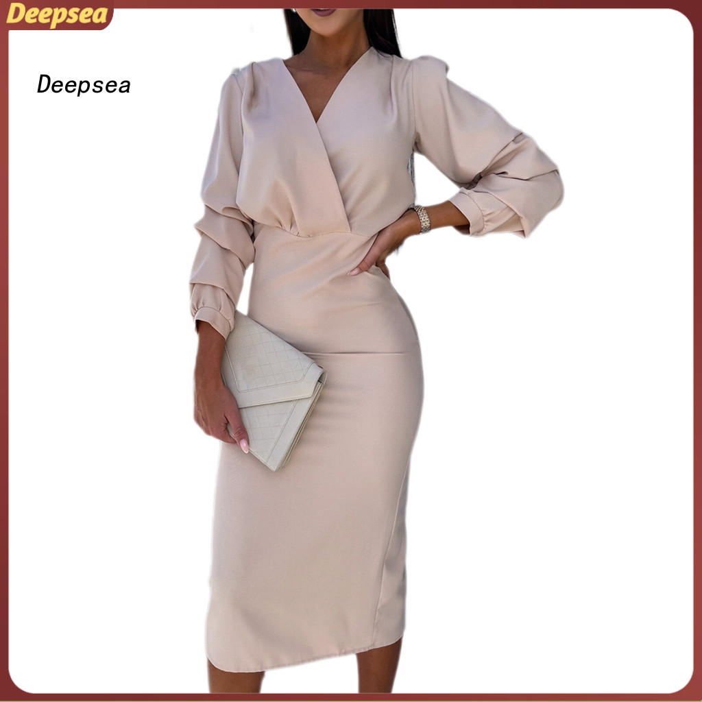 DPA ผู้หญิง V คอสะโพกชุด Ol Commuting ชุด Chic V คอฟองแขน Midi ชุดสําหรับผู้หญิงเหมาะสําหรับสํานักงา