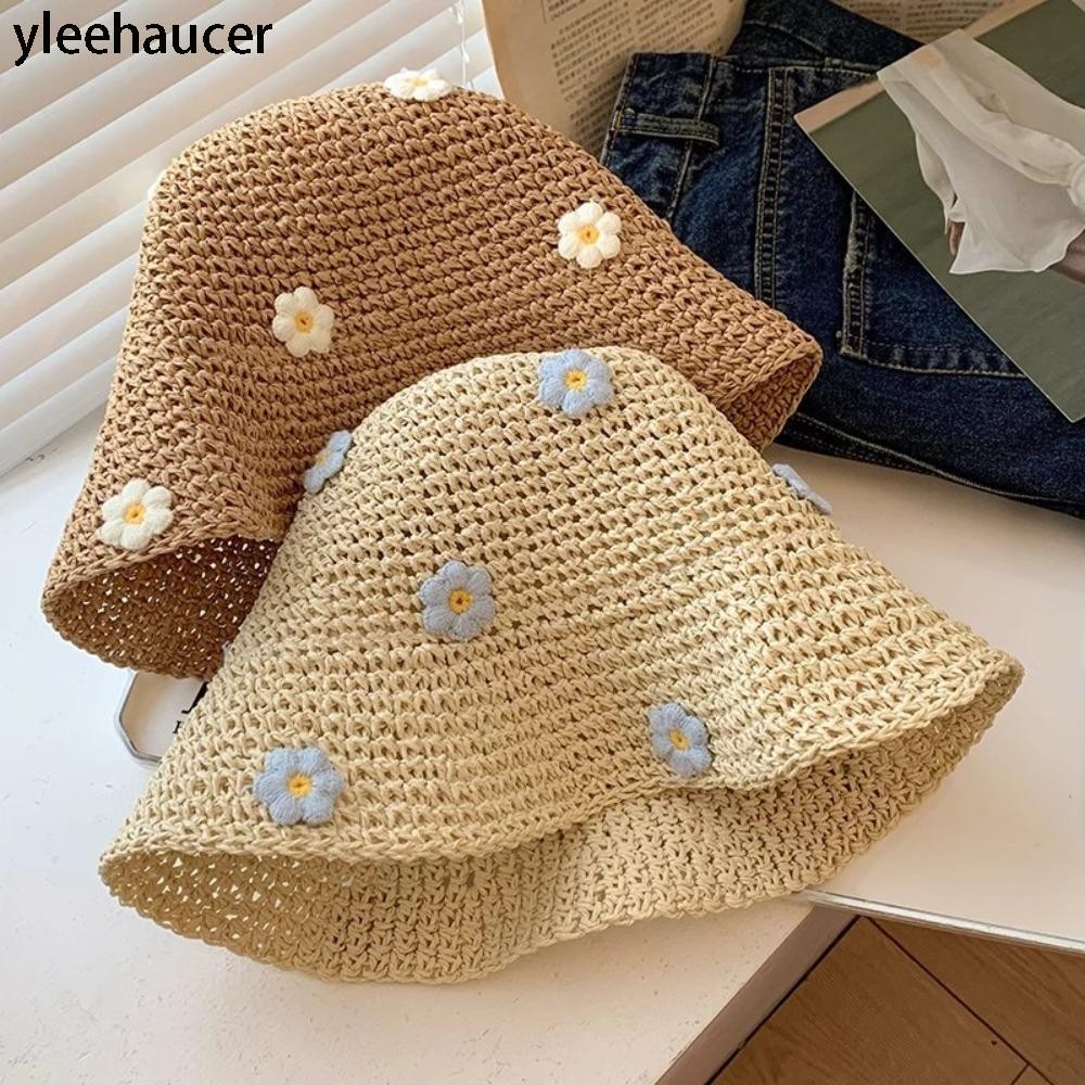 หมวกฟาง YLEEHAUCER แบบปานามา พับได้ ป้องกันยูวี ระบายอากาศ ลายดอกไม้ สำหรับชายหาด