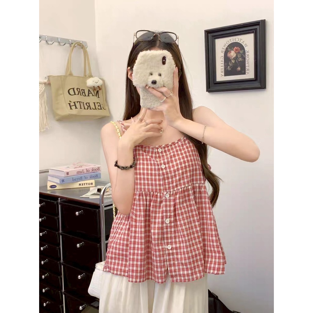 JJ Shop​💜พร้อมส่ง เสื้อสายเดี่ยว ลายสก็อต สีแดงดำ ทรงลวมๆปลายปล่อยน่ารักๆ 